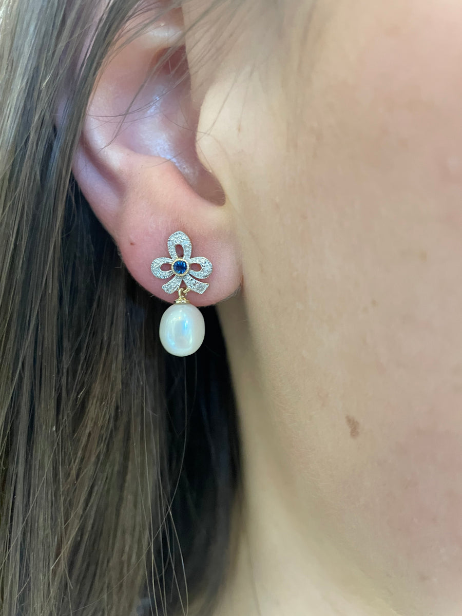 9ct Yellow Gold Pearl, Diamond & Sapphire Drop Earrings