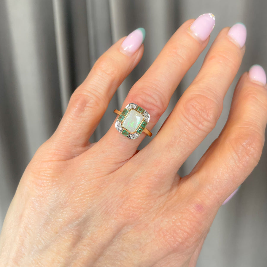Opal, Emerald & Diamond Ring