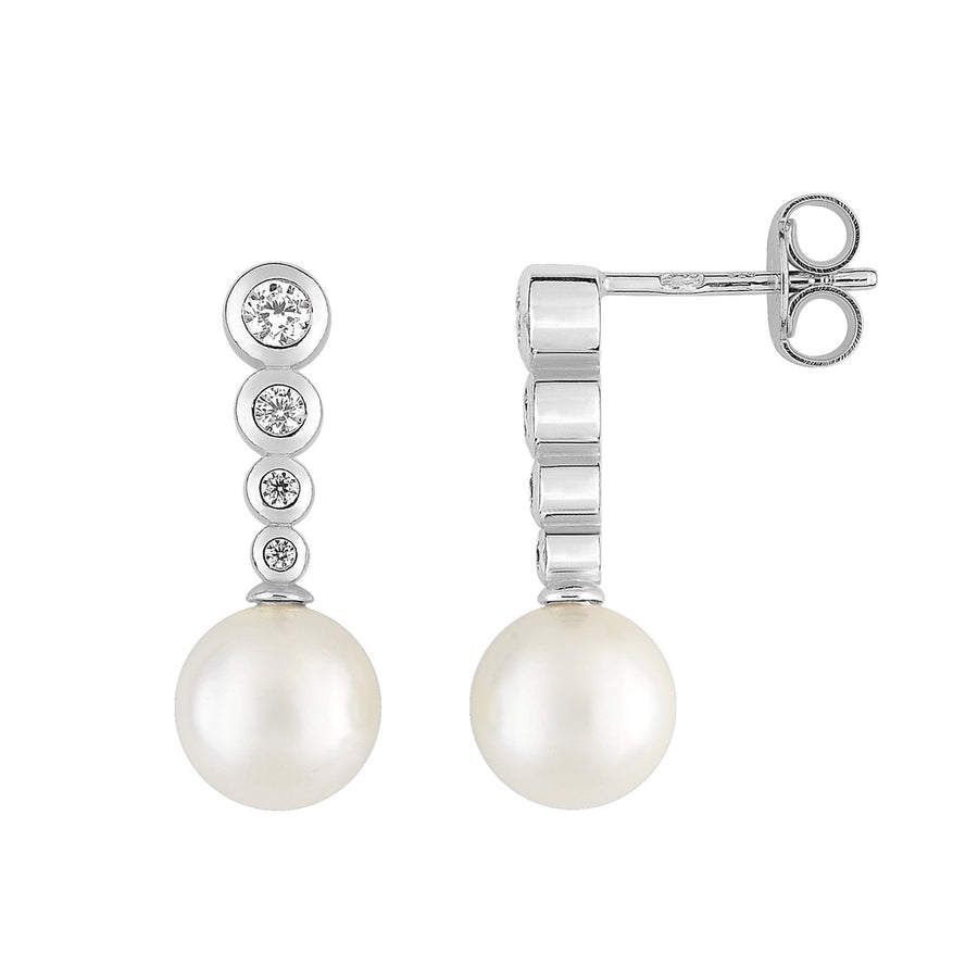 Sterling Silver Pearl & Cz Drop Earrings