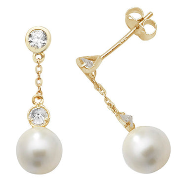 9ct Yellow Gold Pearl & Cz Drop Earrings