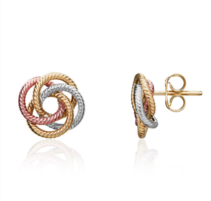 9ct 3 Colour Gold Ribbed Knot Earrings