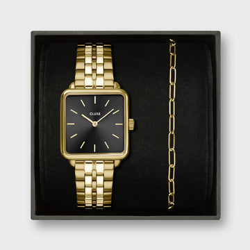 Cluse - Gift Box La Tétragone Watch Steel, Black & Paperclip Chain Bracelet, Gold Colour
