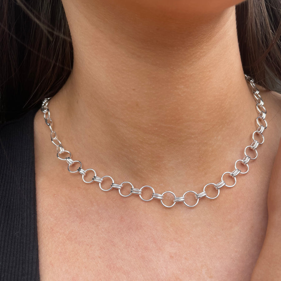 Silver Round & Double Oval Link Necklace