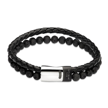Unique & Co - Gents Black Leather & Bead Bracelet