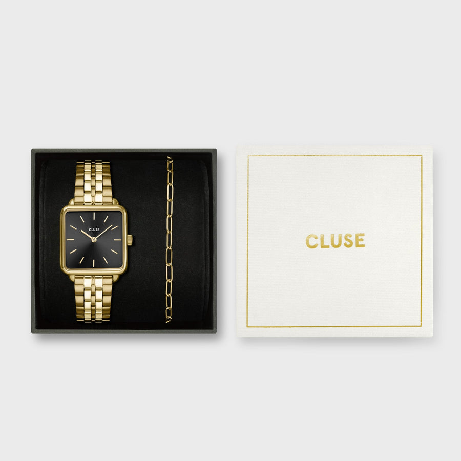 Cluse - Gift Box La Tétragone Watch Steel, Black & Paperclip Chain Bracelet, Gold Colour