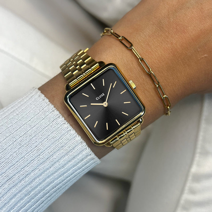 Cluse - Gift Box La Tétragone Watch Steel, Black & Paperclip Chain Bracelet, Gold Colour
