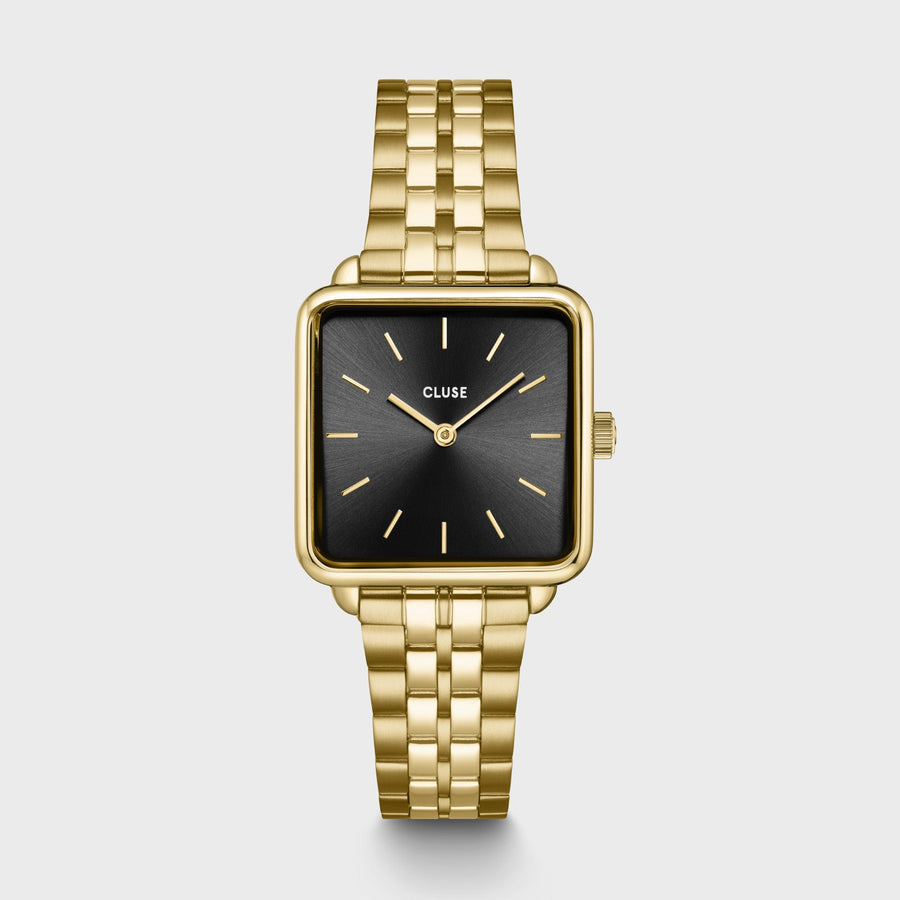 Cluse - Gift Box La Tétragone Watch Steel, Black & Paperclip Chain Bracelet, Gold Colour