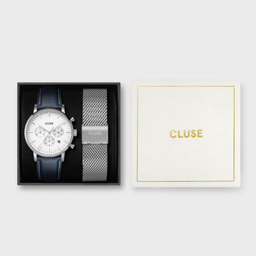 Cluse - Gift Box, Aravis Chrono, Silver Colour, Mesh Band and Navy Blue Leather Strap