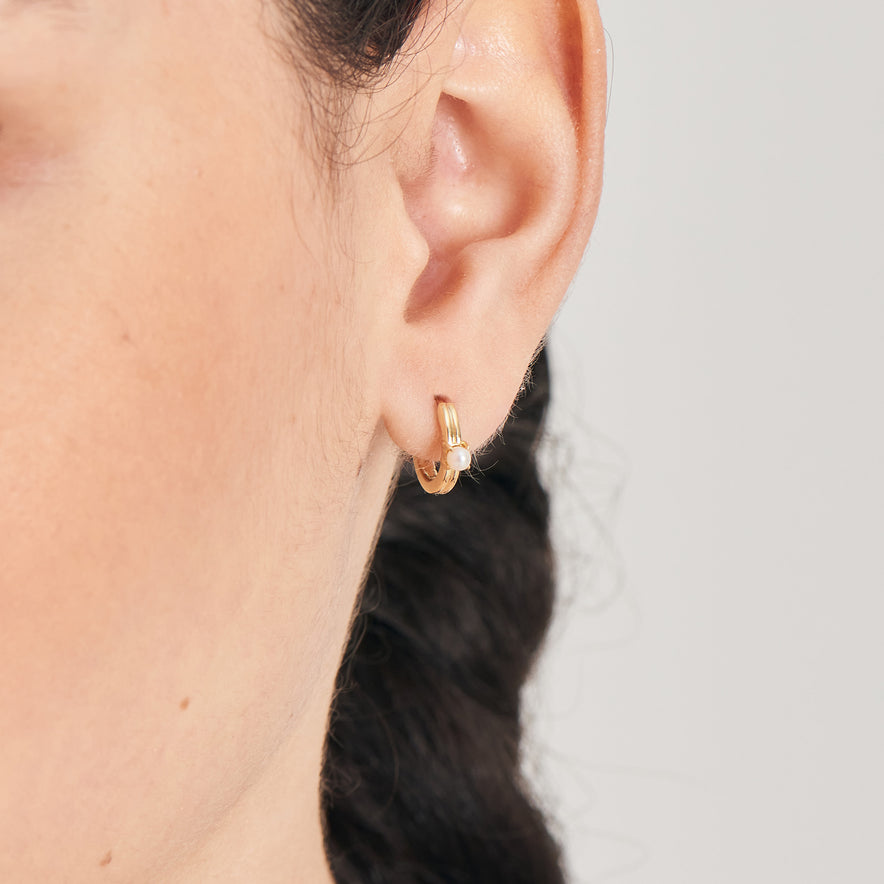 Ania Haie - Gold Pearl Cabochon Huggie Hoop Earrings