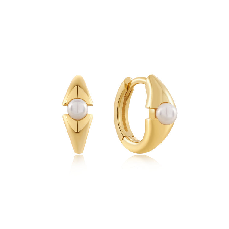 Ania Haie - Gold Pearl Geometric Huggie Hoop Earrings