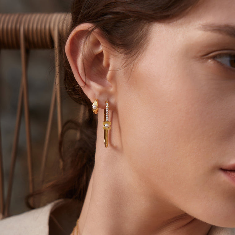 Ania Haie - Gold Pearl Geometric Huggie Hoop Earrings