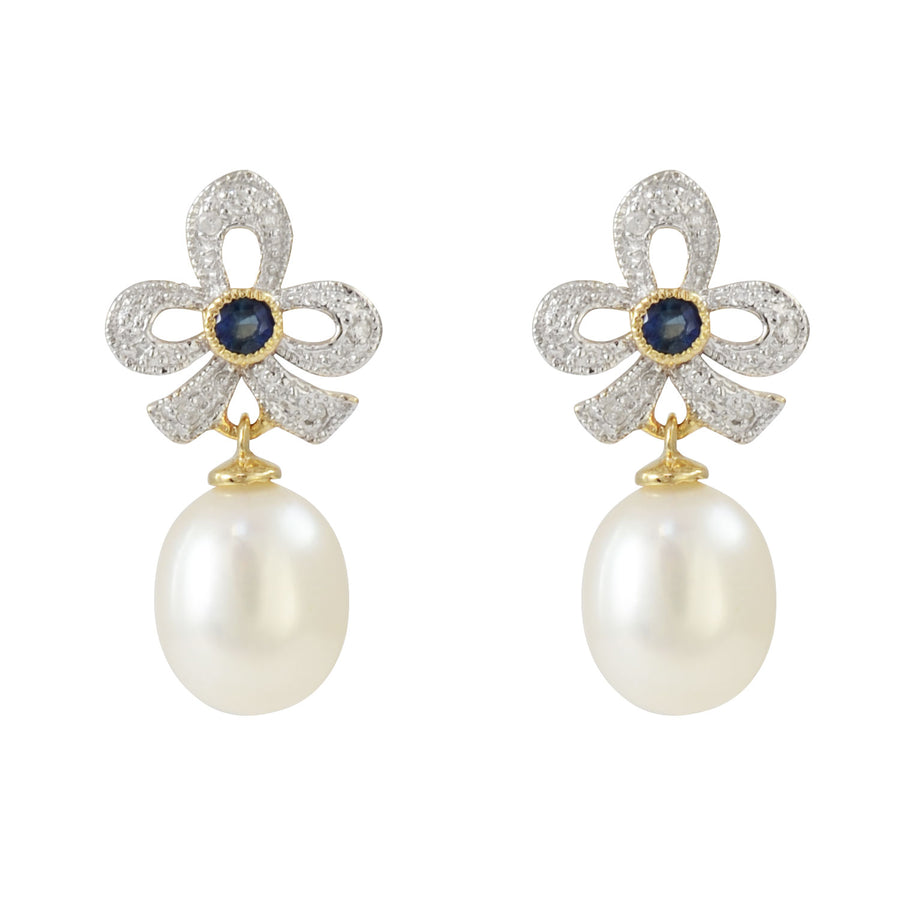 9ct Yellow Gold Pearl, Diamond & Sapphire Drop Earrings