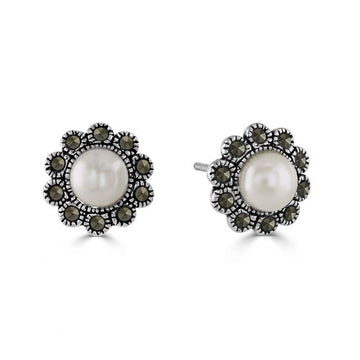Marcasite Pearl Cluster Earrings
