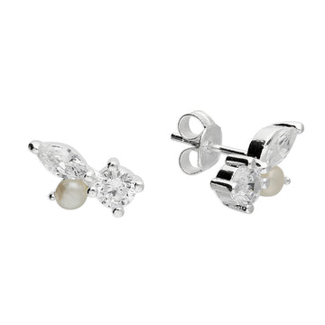 Sterling Silver Cluster Cz and Pearl Earrings