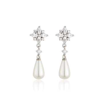 Sterling Silver Pearl & Cz Drop Earrings