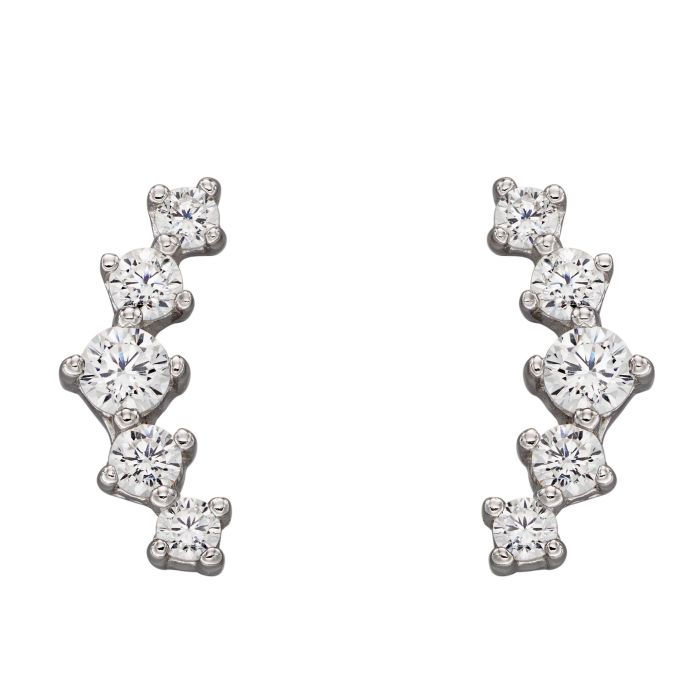 Silver Curved Bar Stud Earrings with Graduated Cubic Zirconia Stones