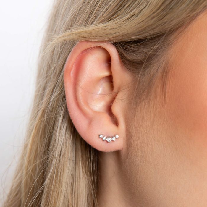 Silver Curved Bar Stud Earrings with Graduated Cubic Zirconia Stones