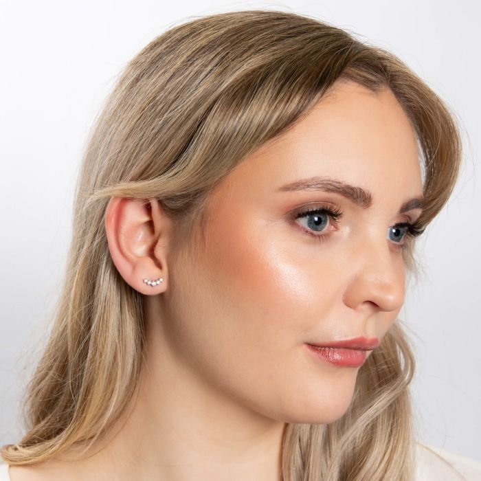 Silver Curved Bar Stud Earrings with Graduated Cubic Zirconia Stones