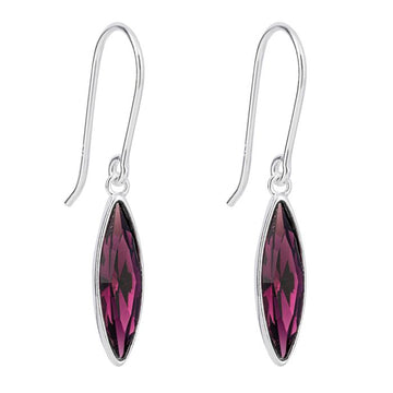 Sterling Silver Slim Navette Drop Earrings with Purple Crystal