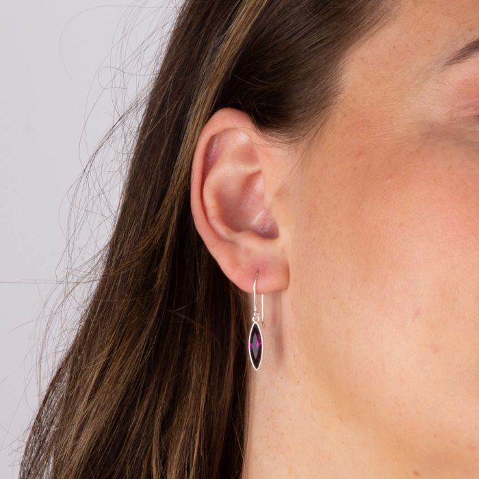 Sterling Silver Slim Navette Drop Earrings with Purple Crystal