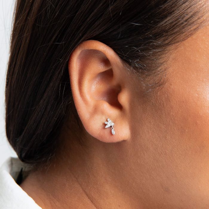 Silver Hanging Petal Floral Stud Earrings