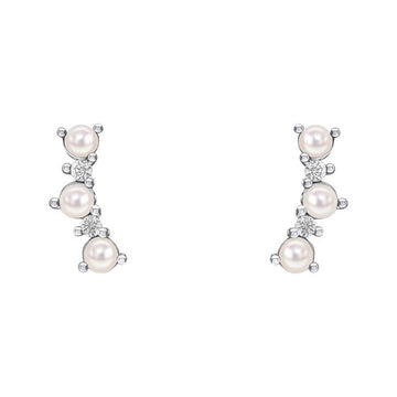 Sterling Silver Curved Freshwater Pearl and Cubic Zirconia Crawler Earrings