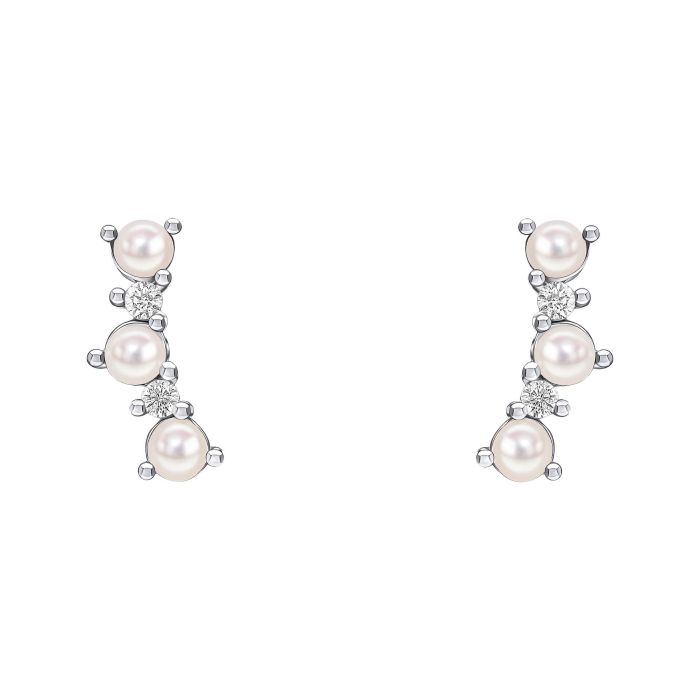 Sterling Silver Curved Freshwater Pearl and Cubic Zirconia Crawler Earrings