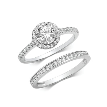 Silver CZ Halo Ring and Band Set