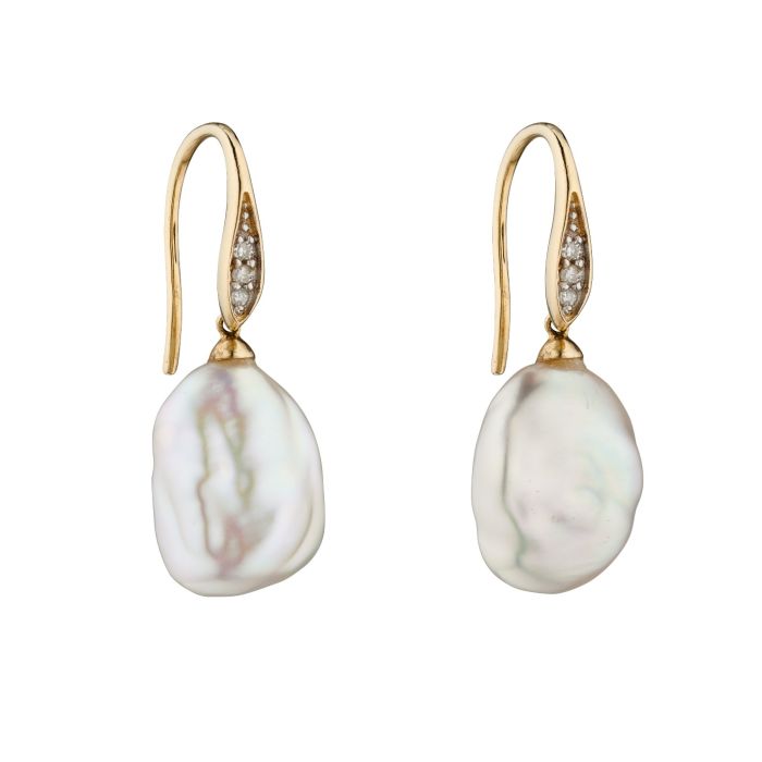 Elements Gold - 9ct Yellow Gold Keshi Pearl Earrings with Diamonds