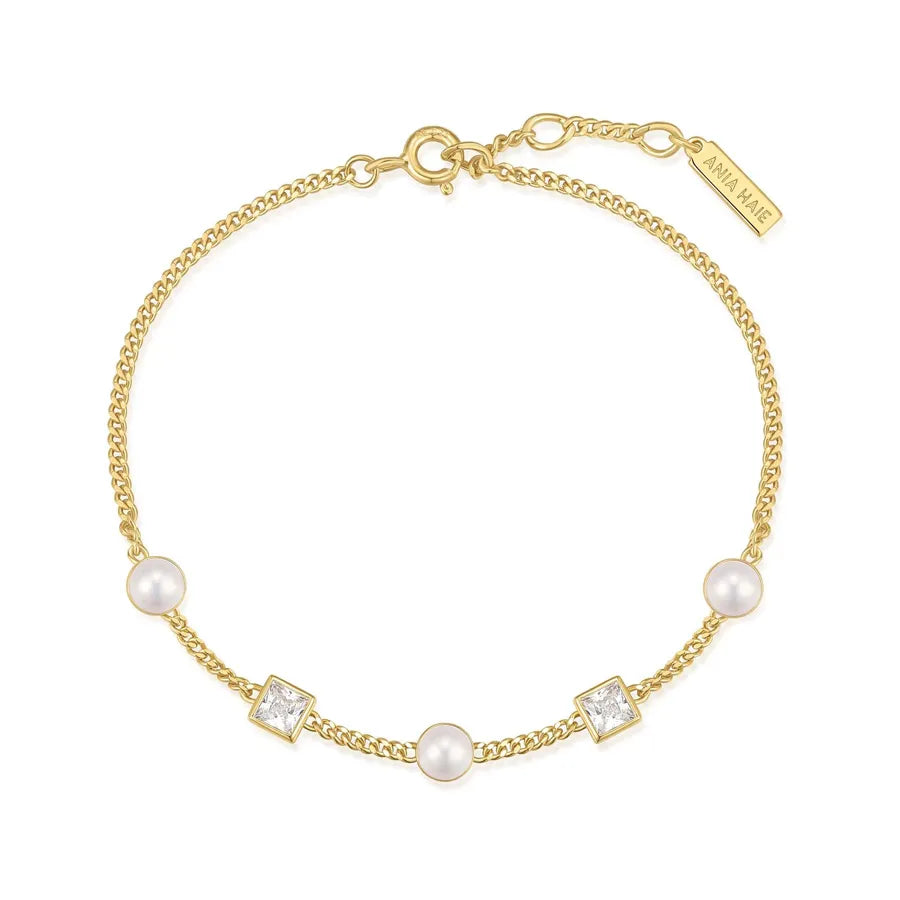 Ania Haie - Gold Bezel Set Cube and Pearl Station Bracelet