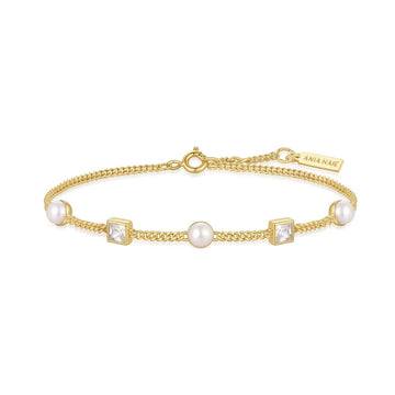 Ania Haie - Gold Bezel Set Cube and Pearl Station Bracelet