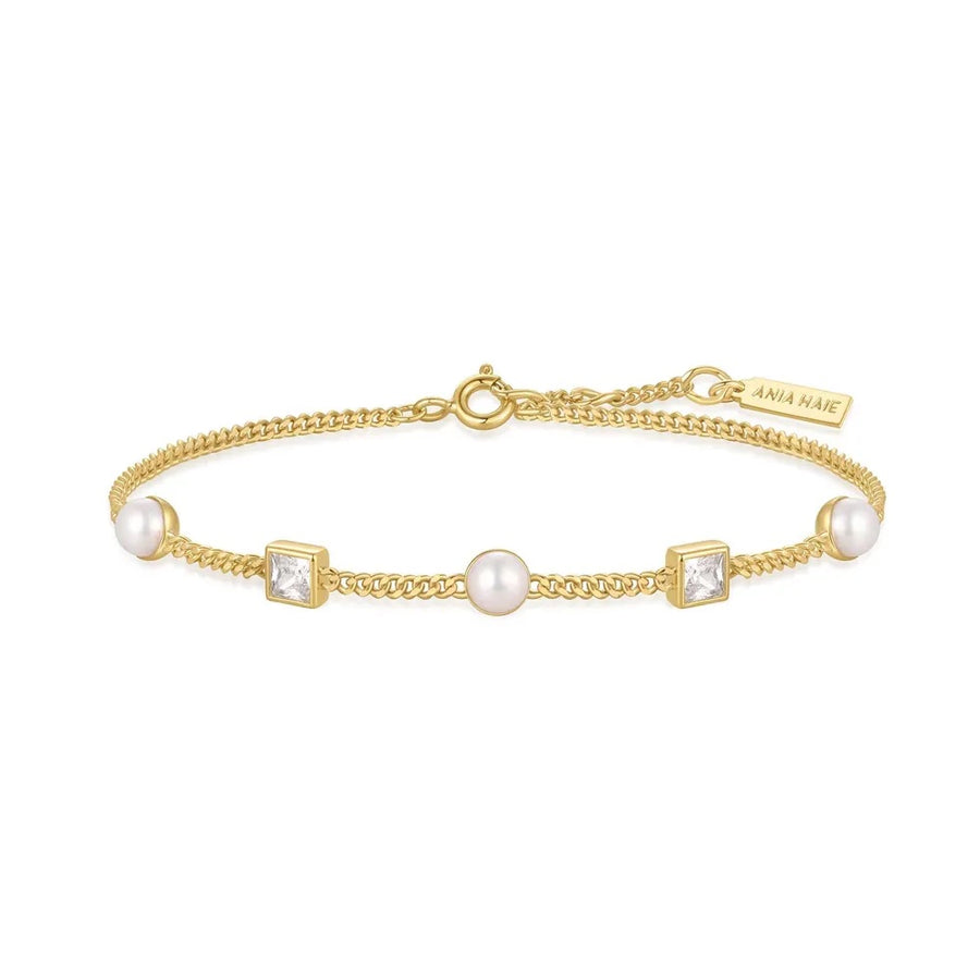 Ania Haie - Gold Bezel Set Cube and Pearl Station Bracelet