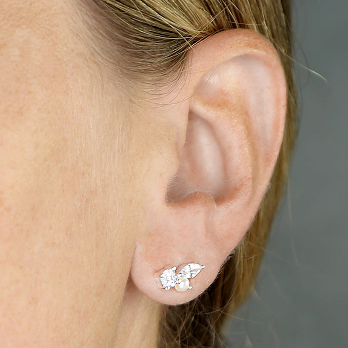 Sterling Silver Cluster Cz and Pearl Earrings