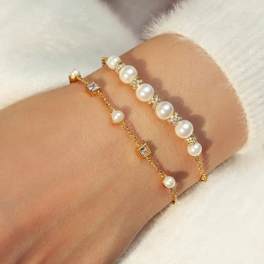 Ania Haie - Gold Bezel Set Cube and Pearl Station Bracelet