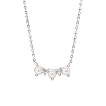 Silver Curved Freshwater Pearl and Cubic Zirconia Bar Necklace