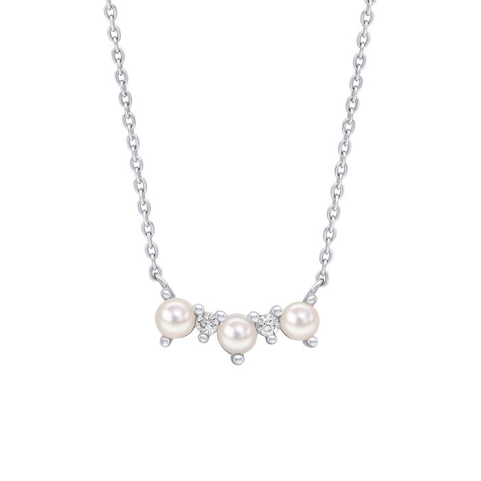 Silver Curved Freshwater Pearl and Cubic Zirconia Bar Necklace