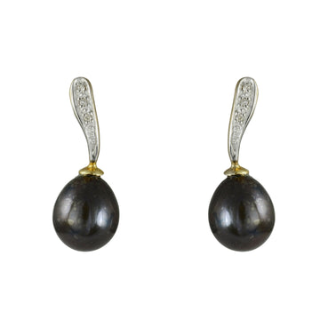 9ct Yellow Gold Black Pearl Diamond Earrings