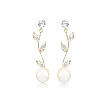 9ct Yellow Gold Flower Stem & Pearl Drop Earrings