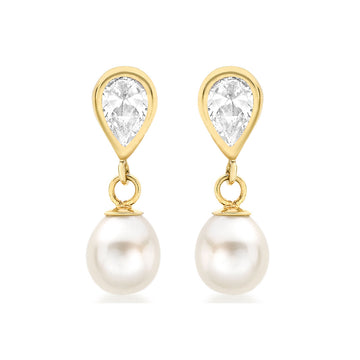 9ct Yellow Gold Pear CZ & Pearl Drop Earrings