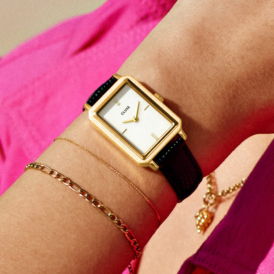 Cluse - Fluette Leather Black Lizard, Gold Colour