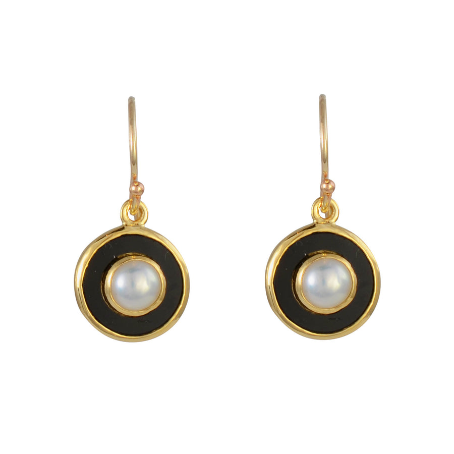 9ct Yellow Gold Pearl & Onyx Drop Earrings