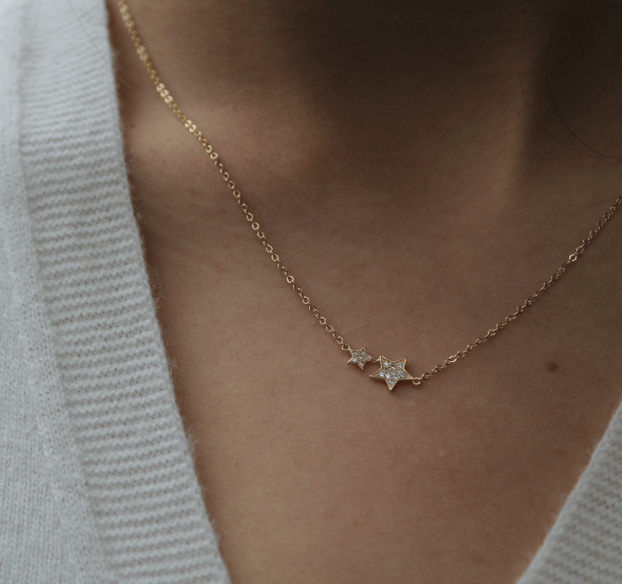 Mary-K - Gold Pave 2 Star Necklace
