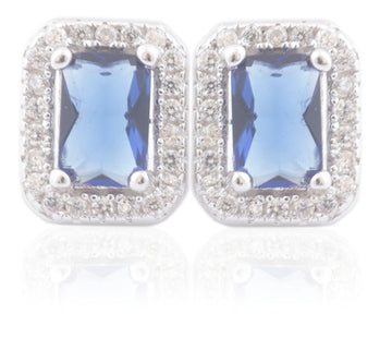 Sterling Silver Blue Cz Halo Stud Earrings