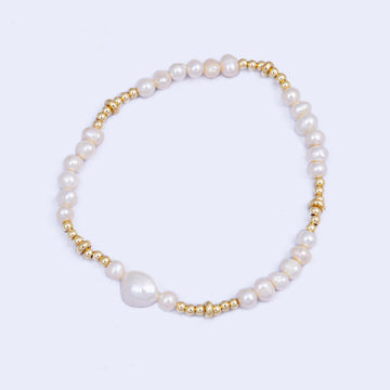 Knight & Day - Gold Beaded & Freshwater Pearl Elasticated Bracelet
