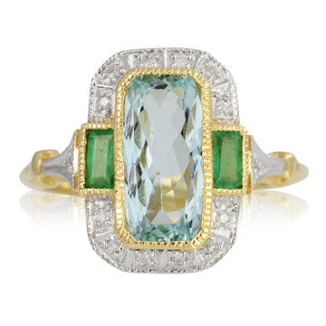 Aquamarine, Emerald & Diamond Ring