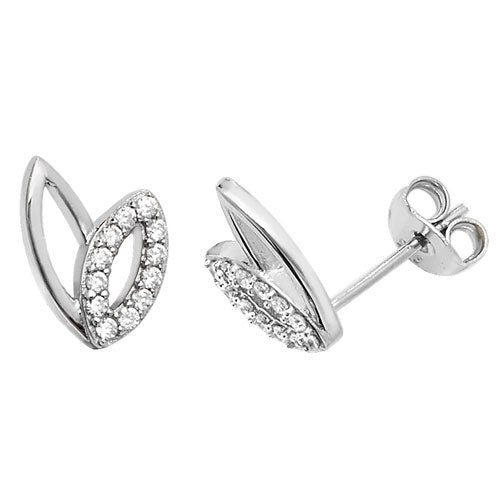 Silver Double Leaf CZ Stud Earrings