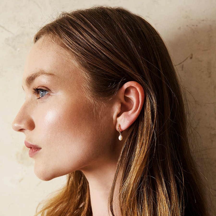 Mary-K - Gold Drop Pearl Huggie Earrings